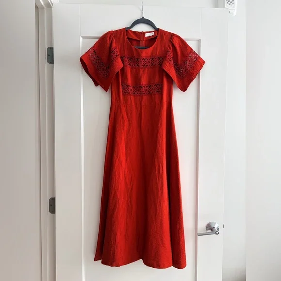 NWOT Sandro Red Midi Dress with Lace Accents size EU34 - Picture 4 of 10